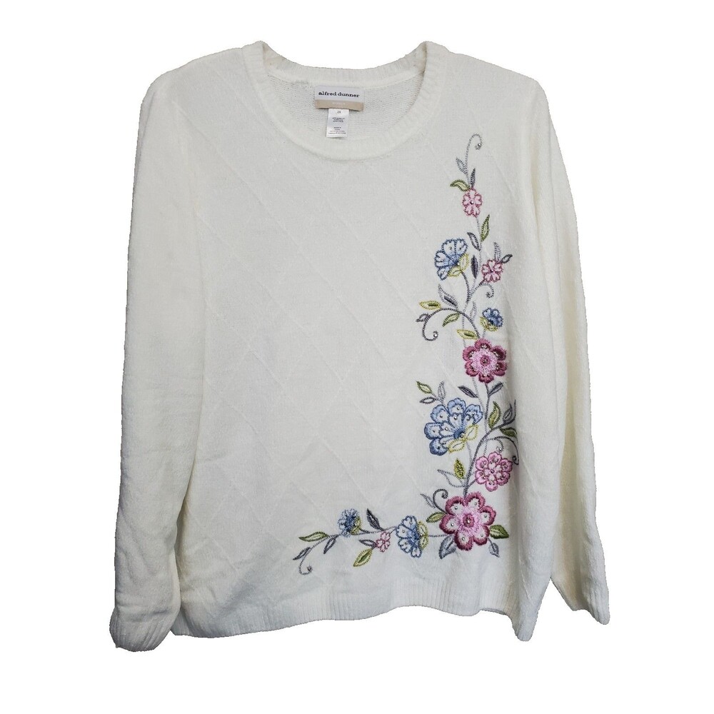 Alfred Dunner Woman Off-White Chenille Embroidered Floral Sweater Size 2X